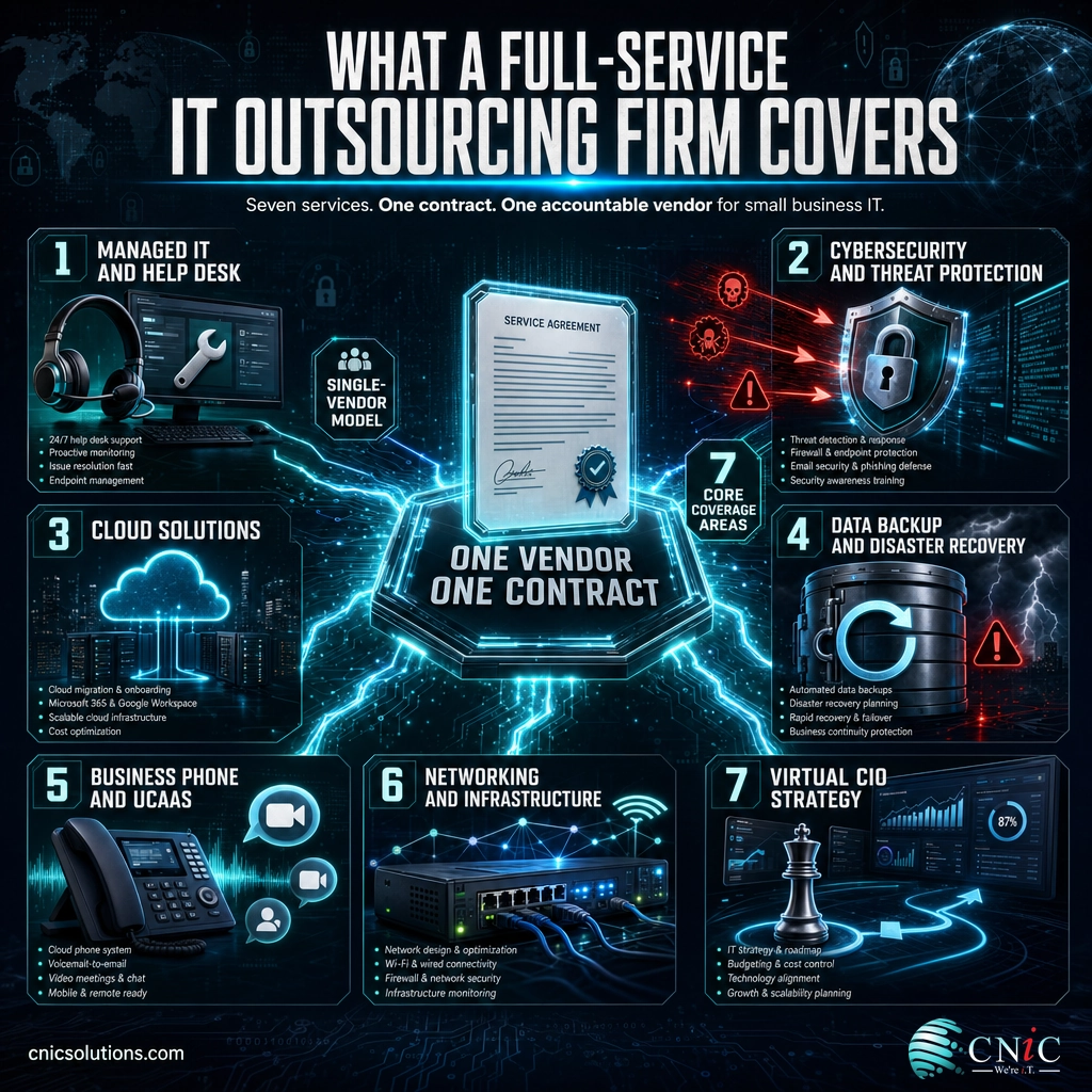 Infographic of seven services a full-service IT outsourcing firm covers: managed IT, cybersecurity, cloud, backup, voice, networking, and virtual CIO