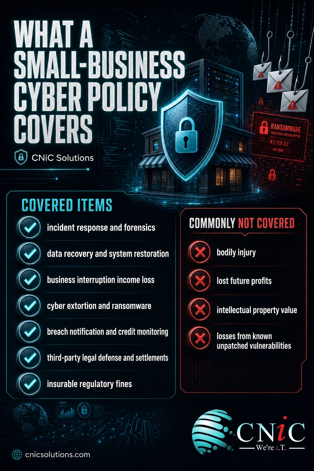 Checklist infographic of what small-business cyber insurance covers and commonly excludes