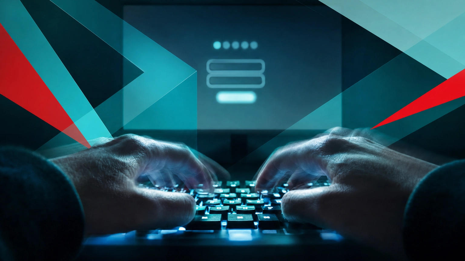 Hands on a backlit keyboard attempting to break into a login, representing an automated brute force attack