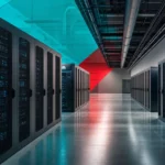 Rows of server racks inside a modern data center hall with structured cabling and cooling
