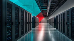 Rows of server racks inside a modern data center hall with structured cabling and cooling