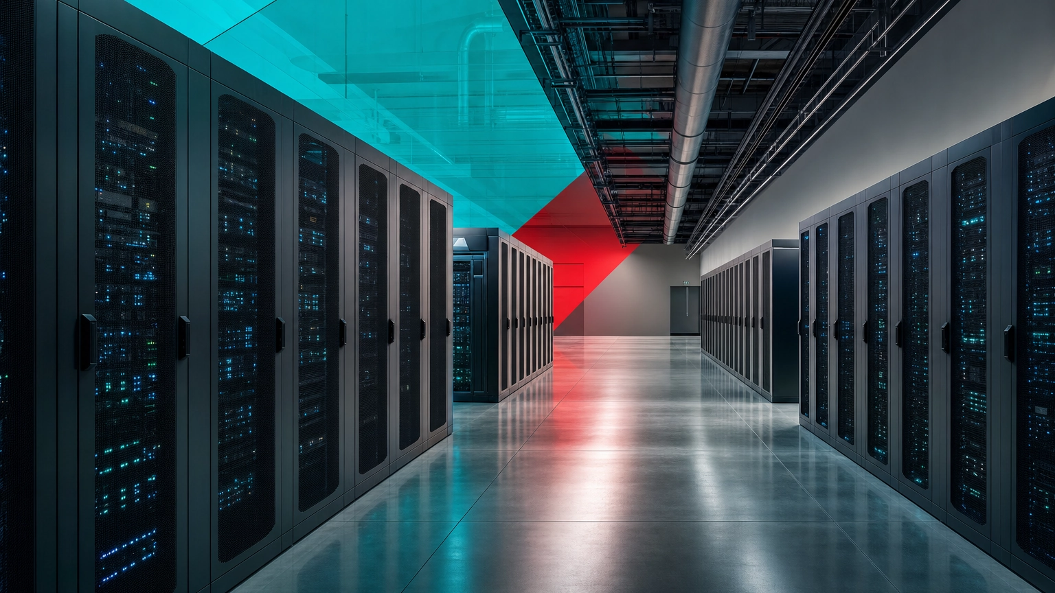 Rows of server racks inside a modern data center hall with structured cabling and cooling