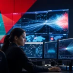 Network security analyst monitoring a traffic surge in a security operations center during a DDoS attack