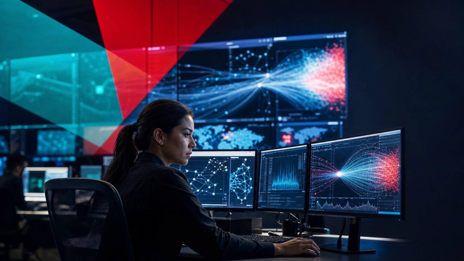 Network security analyst monitoring a traffic surge in a security operations center during a DDoS attack