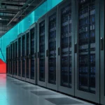 Aisle of networked server racks in a data center representing a distributed system