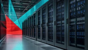 Aisle of networked server racks in a data center representing a distributed system