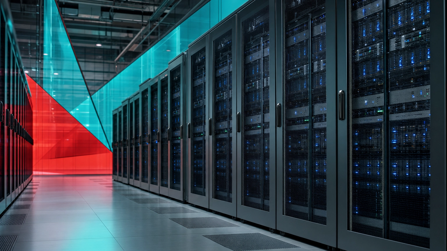 Aisle of networked server racks in a data center representing a distributed system