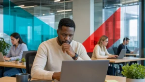 Office employees carefully reviewing email at their desks as a human firewall against cyber threats