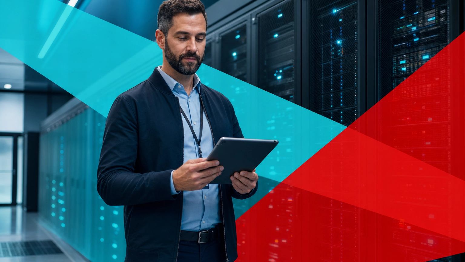 IT professional monitoring healthy redundant server infrastructure in a modern data center