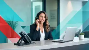 Businesswoman using managed IT services for cybersecurity and networking solutions in Houston, TX.