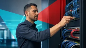 IT professional working on a business network switch and structured cabling in a server closet