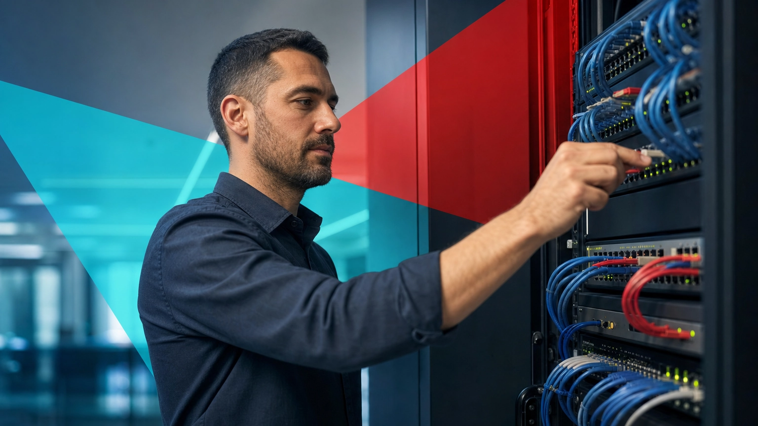 IT professional working on a business network switch and structured cabling in a server closet