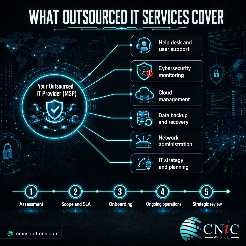 Infographic showing the IT functions an outsourced provider covers and the five-step engagement flow