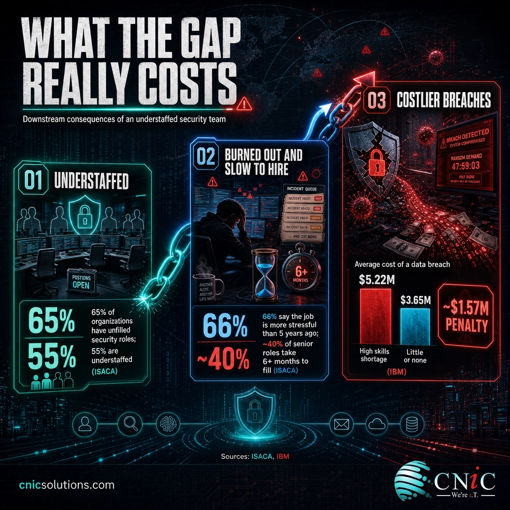 Infographic chain: 65% unfilled roles and burnout lead to breaches costing $5.22M for understaffed orgs vs $3.65M, a $1.57M penalty