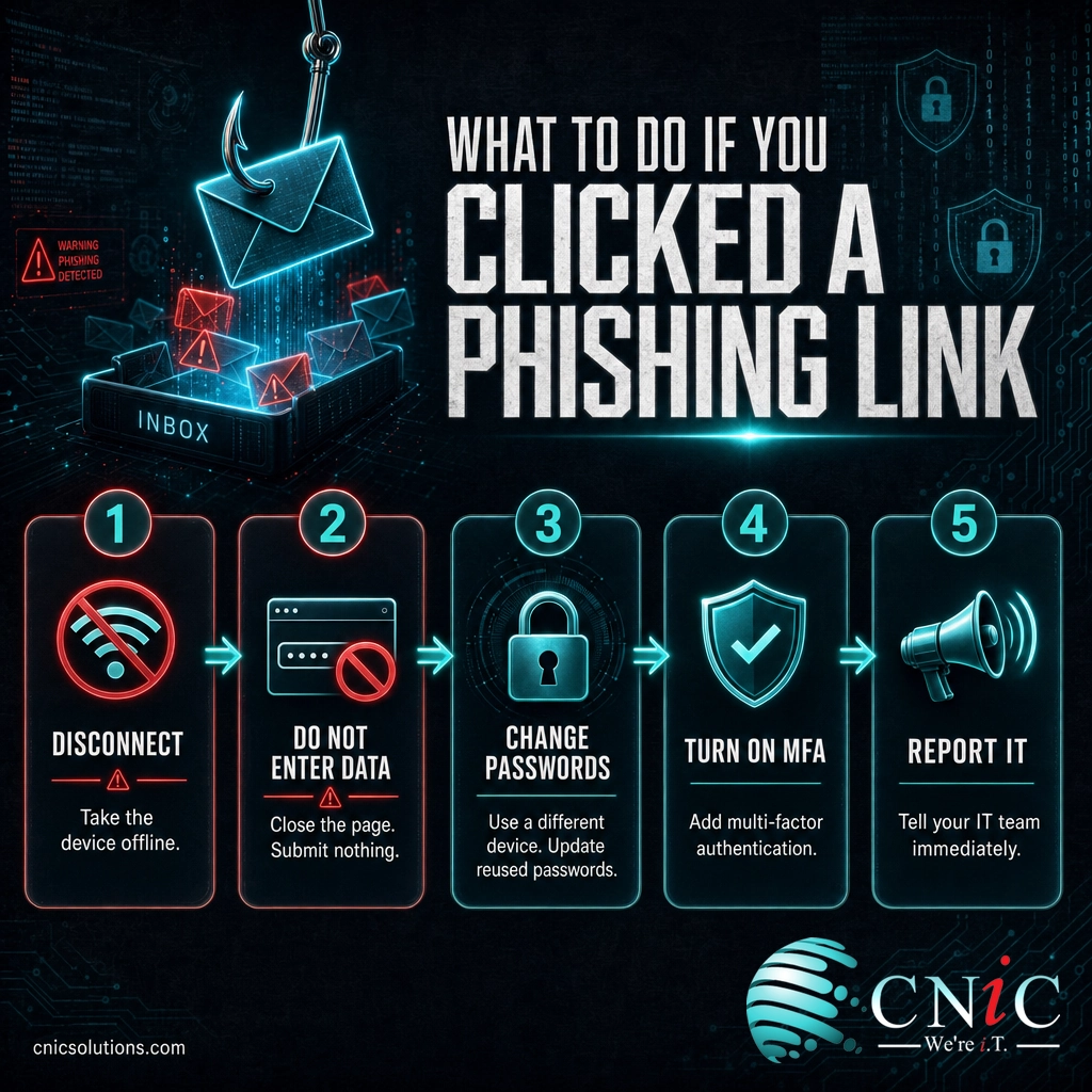 Infographic of five response steps to take after clicking a phishing link