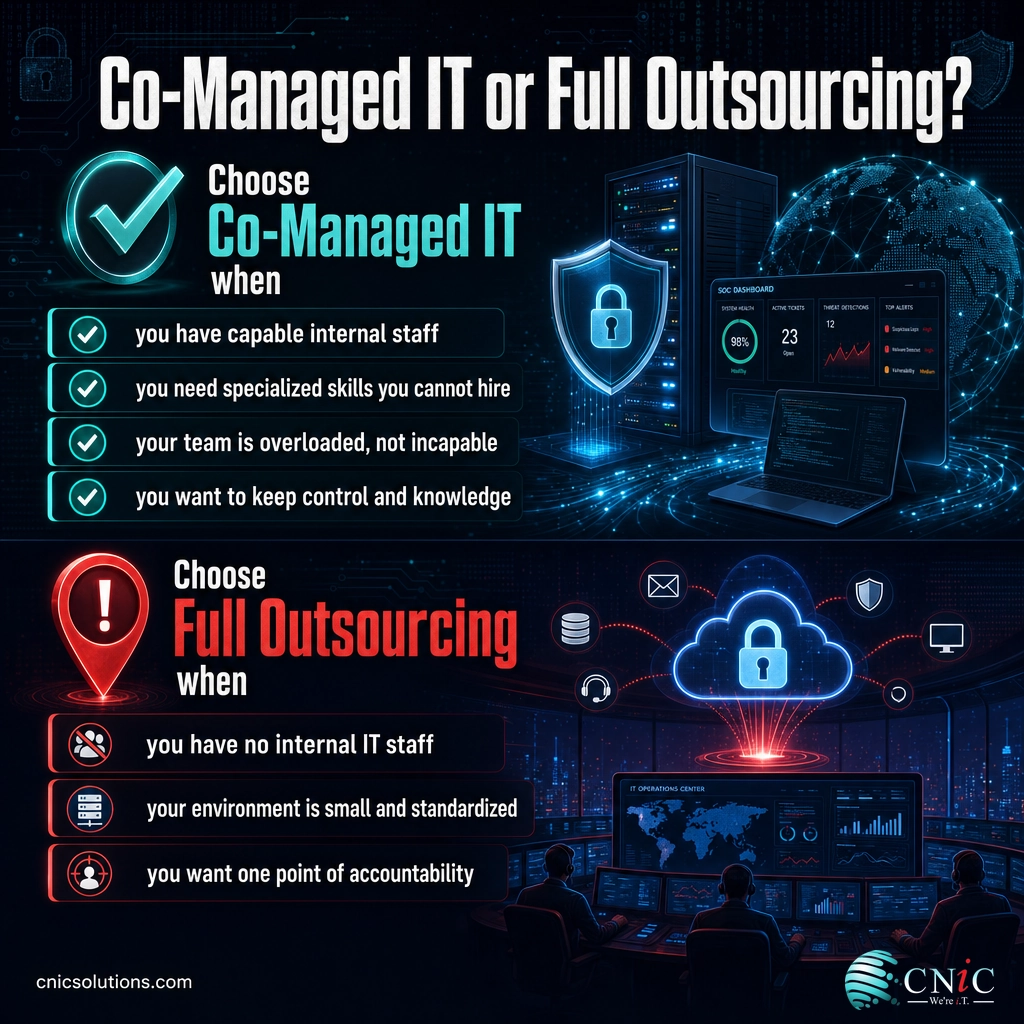 Decision-guide infographic comparing when to choose co-managed IT versus full IT outsourcing