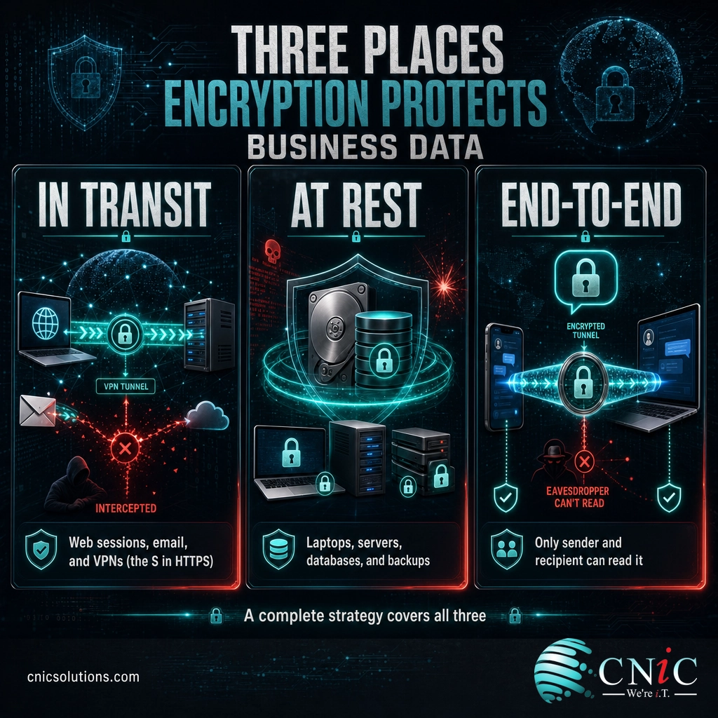 Infographic of three data states protected by encryption: in transit, at rest, and end-to-end