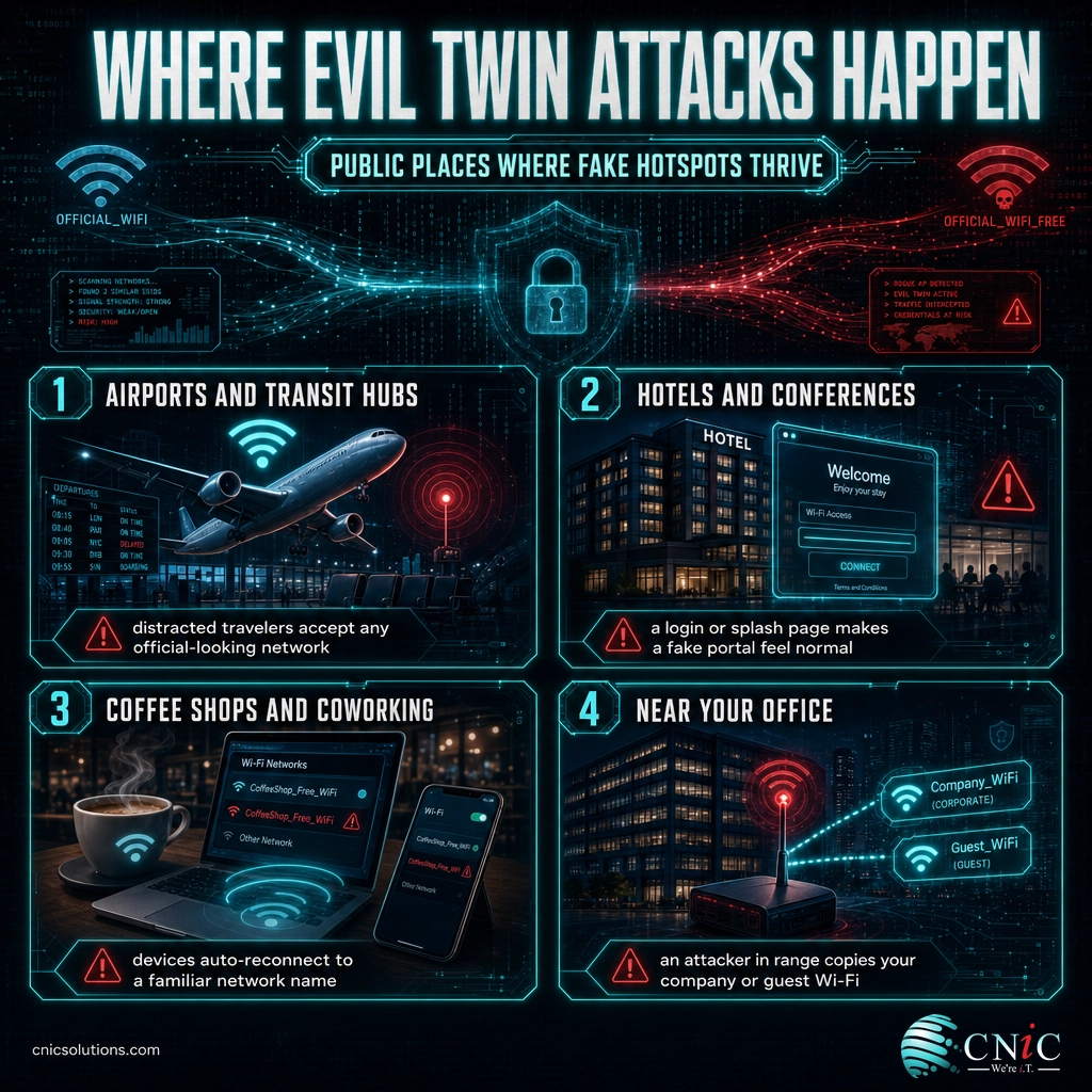 Infographic showing four places evil twin attacks happen: airports, hotels and conferences, coffee shops, and near the office