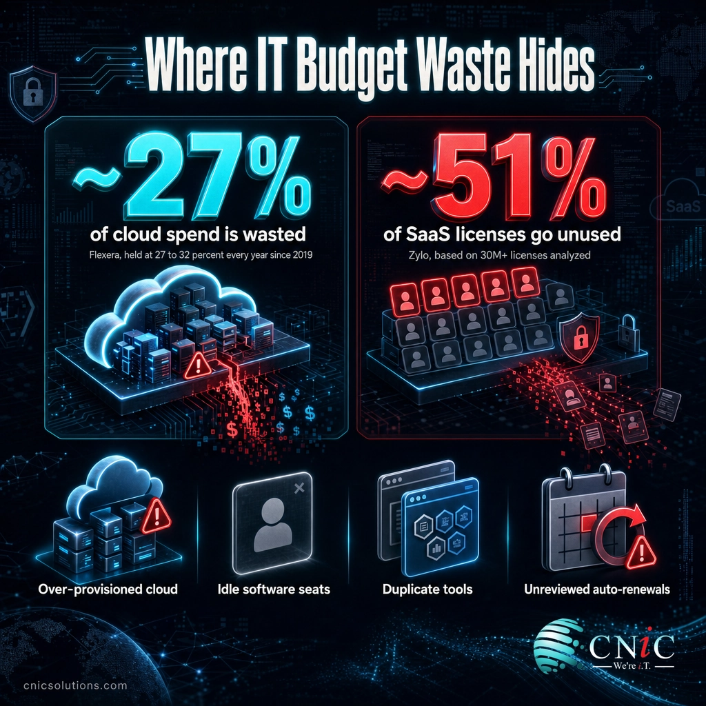 Infographic showing about 27 percent of cloud spend wasted and about 51 percent of SaaS licenses unused