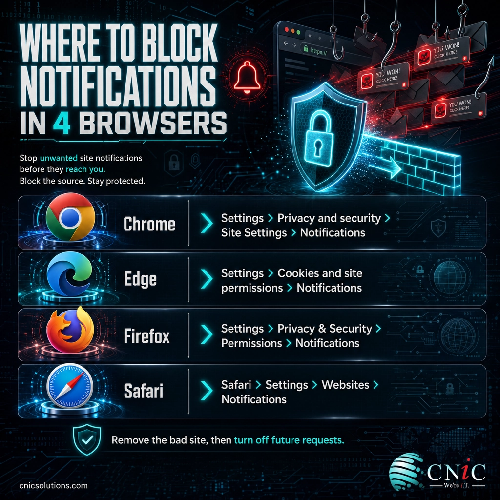 Quick-reference infographic of the notification settings path in Chrome, Edge, Firefox, and Safari