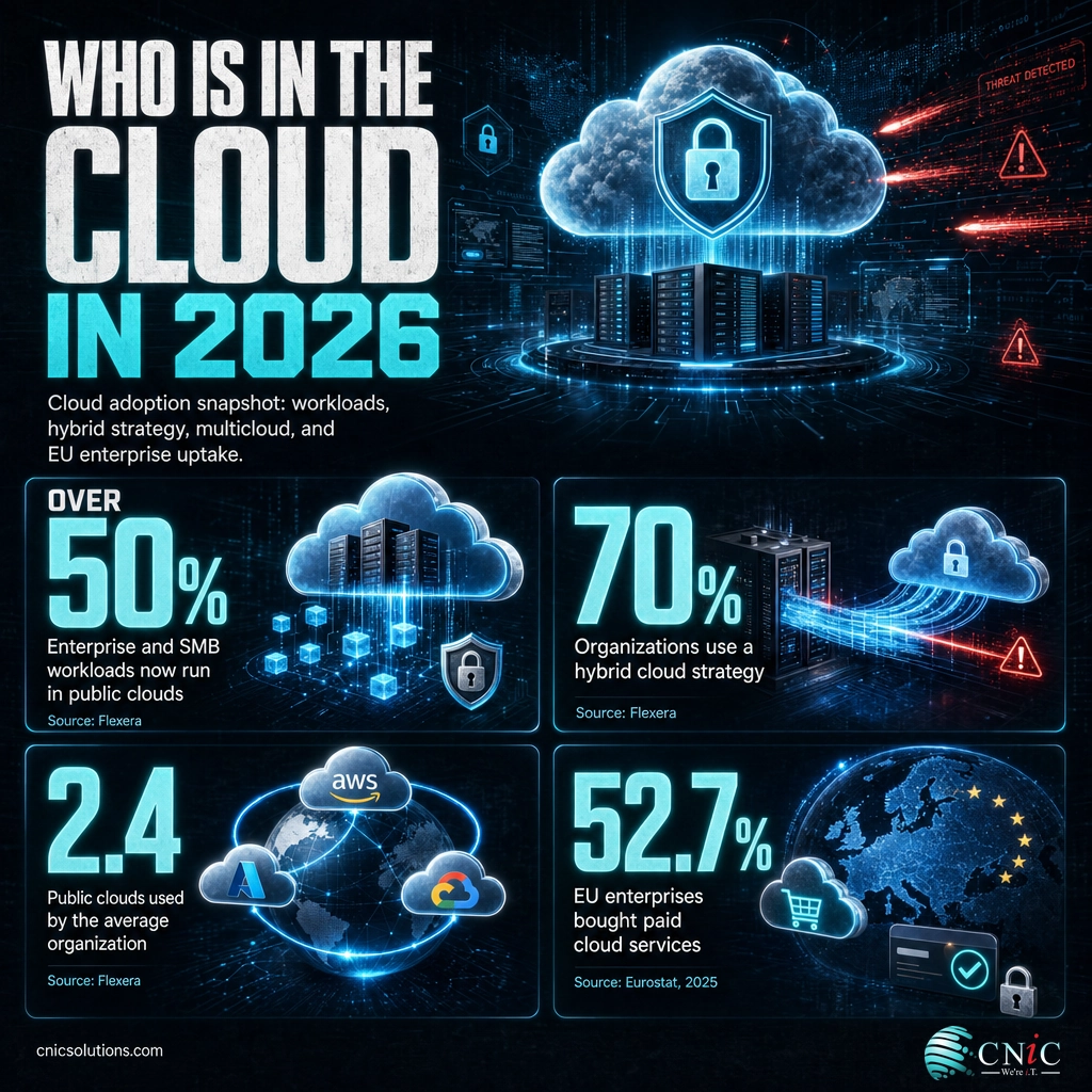 Infographic of 2026 cloud adoption: workloads in public cloud, hybrid strategy, average number of clouds, and EU enterprise adoption