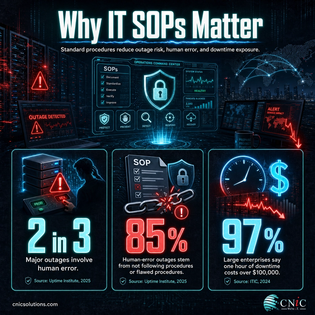 Infographic with three statistics showing how procedures affect IT outages and downtime cost