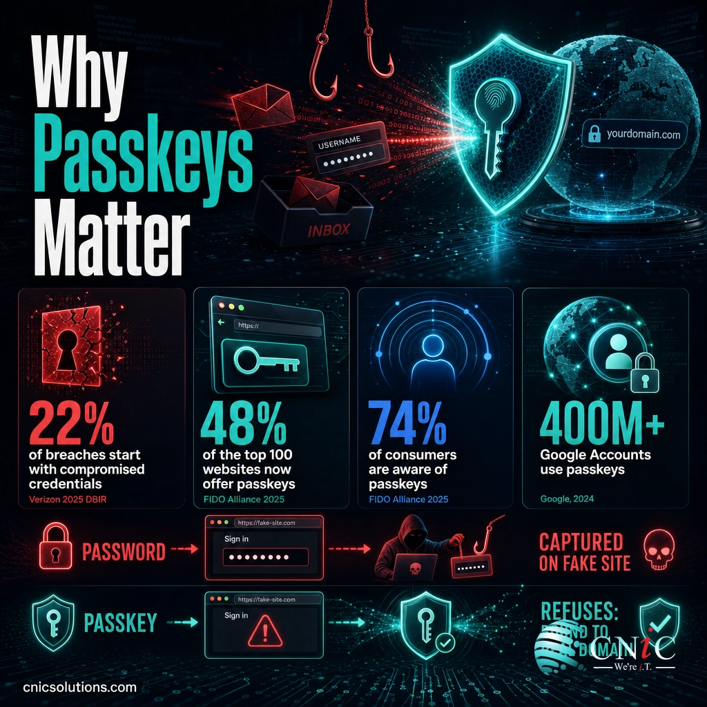 Infographic showing passkey adoption stats and how passkeys resist phishing compared with passwords
