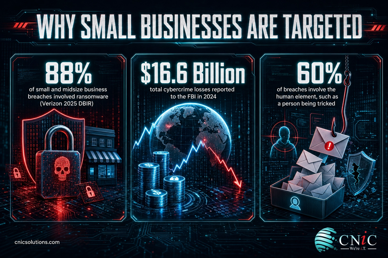 Infographic showing 88% of SMB breaches involve ransomware, $16.6B FBI cybercrime losses, and 60% human element