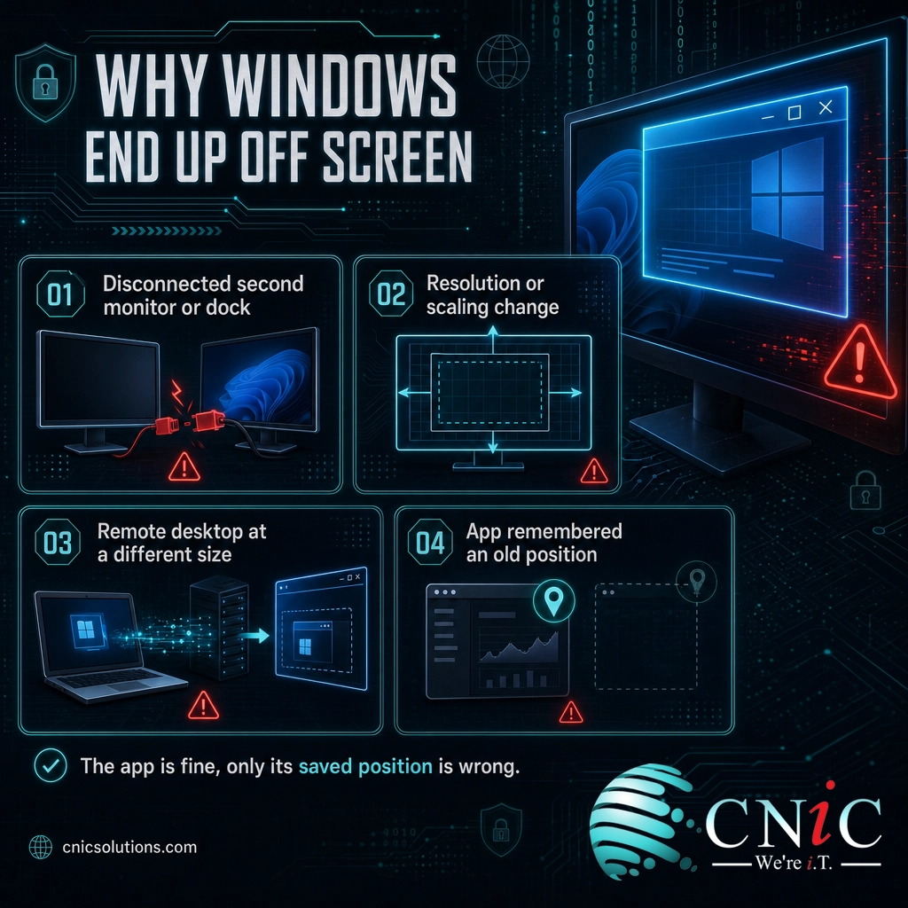 Infographic showing four common causes of a window ending up off screen in Windows