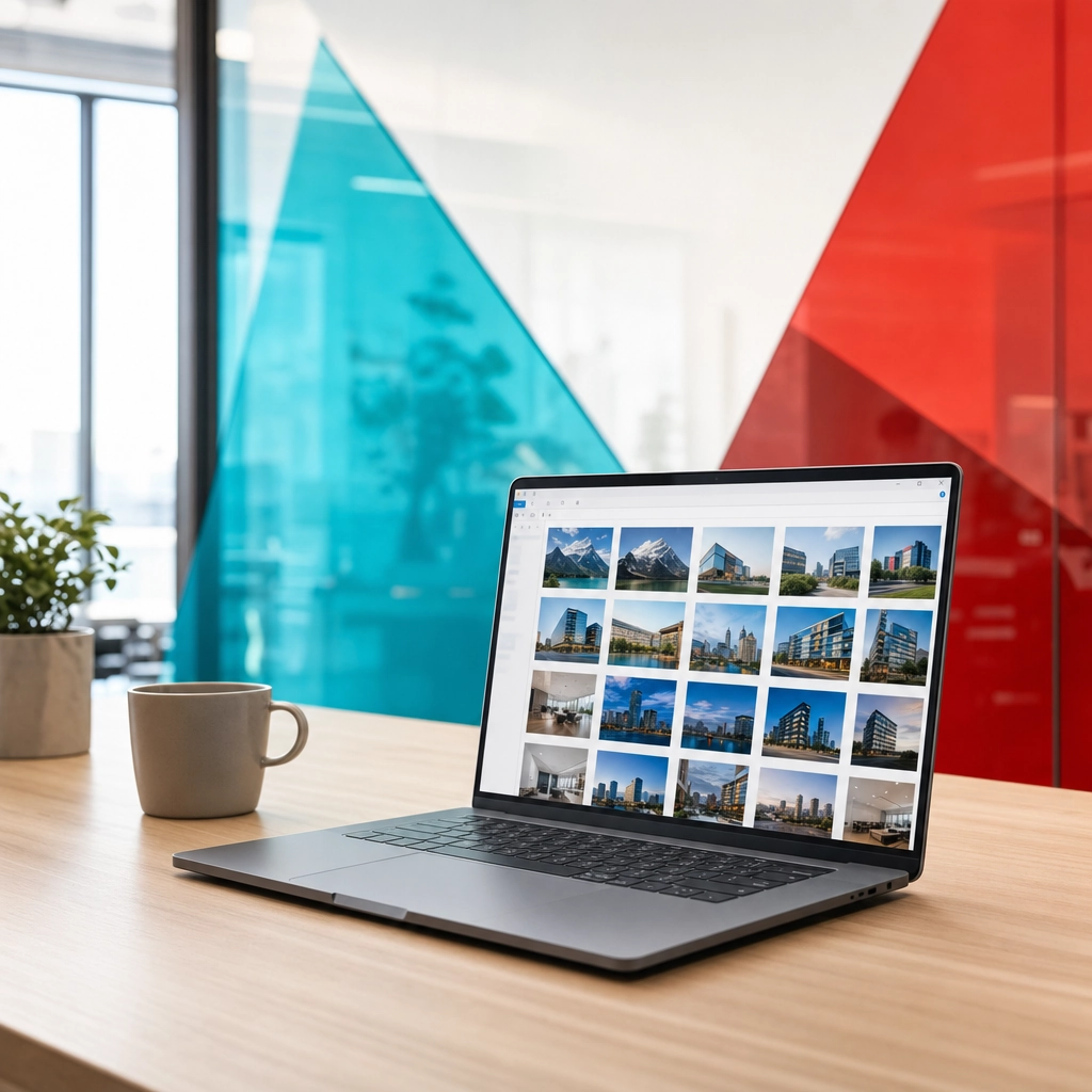 Windows 11 laptop on a desk displaying an organized folder of screenshot thumbnails in File Explorer