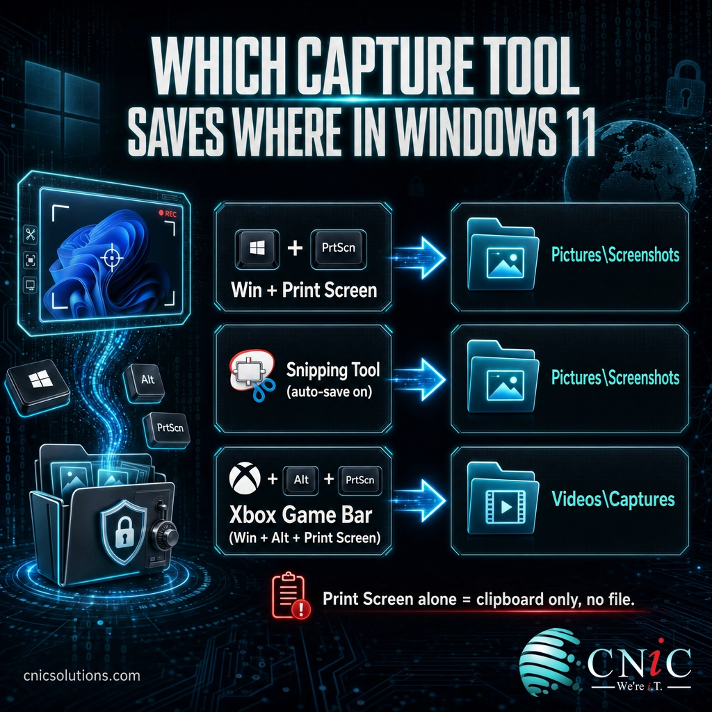 Infographic mapping Win Print Screen, Snipping Tool, and Xbox Game Bar to their default Windows 11 save folders