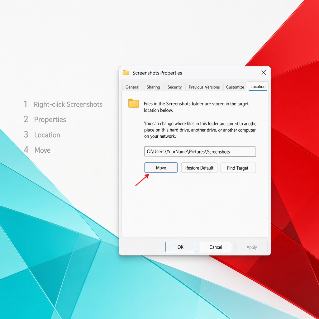 Mockup of the Windows 11 Screenshots folder Properties Location tab with the Move button highlighted
