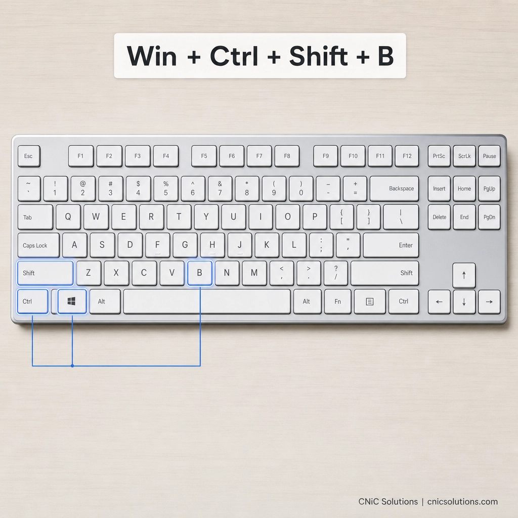 Keyboard with Windows, Ctrl, Shift and B keys highlighted for the graphics driver reset shortcut