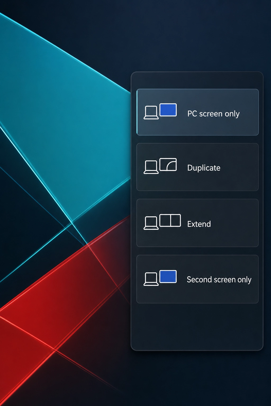 Windows 11 Project panel opened with Windows plus P showing PC screen only selected