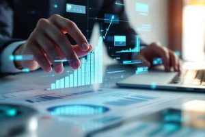 Advanced data analytics and cybersecurity visualization with holographic interfaces at CNiC Solutions IT services company.