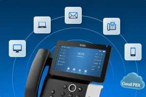 Advanced IP Phone with touchscreen interface surrounded by communication icons for business VoIP solutions.