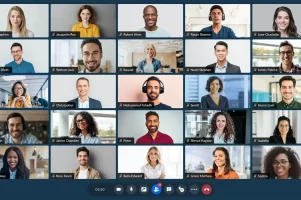 1. Diverse group of professionals on a virtual video conference call promoting CNiC Solutions IT services.